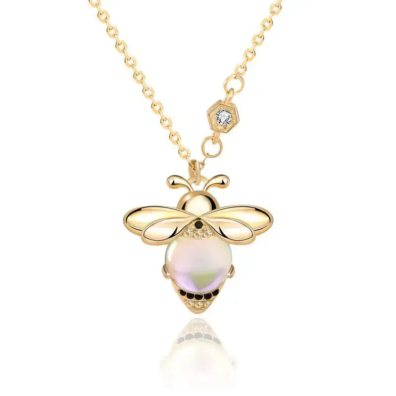 Lovcia Natural Moonstone Honey Bee CZ Cute 925 Sterling Silver Necklace-Necklaces-