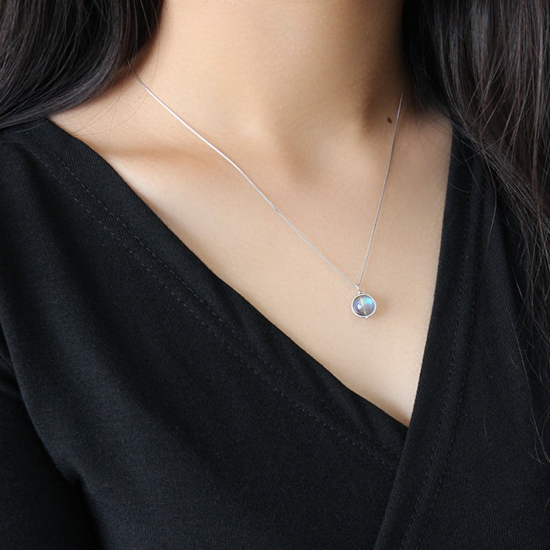 Lovcia Natural Moonstone Pendant Necklace 14.6mm 925 Silver-Necklaces-Rhodium-Rhodium
