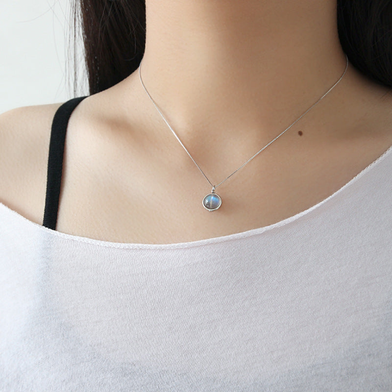 Lovcia Natural Moonstone Pendant Necklace 14.6mm 925 Silver-Necklaces-Rhodium-Rhodium