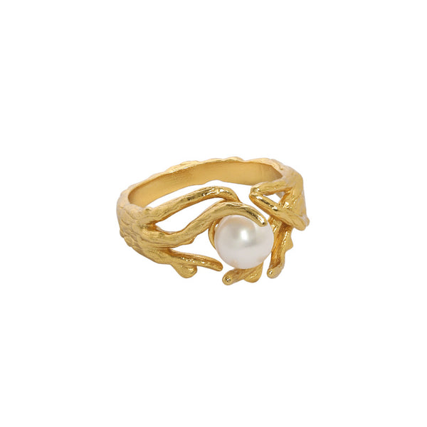 Lovcia Natural Pearl Ring 6.5mm Adjustable Gold Plated 925-Rings-Yellow Gold-Yellow Gold