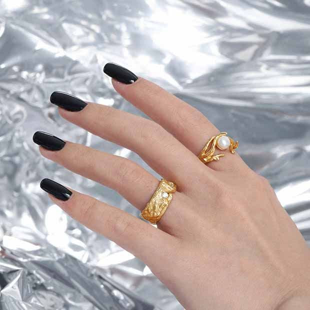 Lovcia Natural Pearl Ring 6.5mm Adjustable Gold Plated 925-Rings-Yellow Gold-Yellow Gold