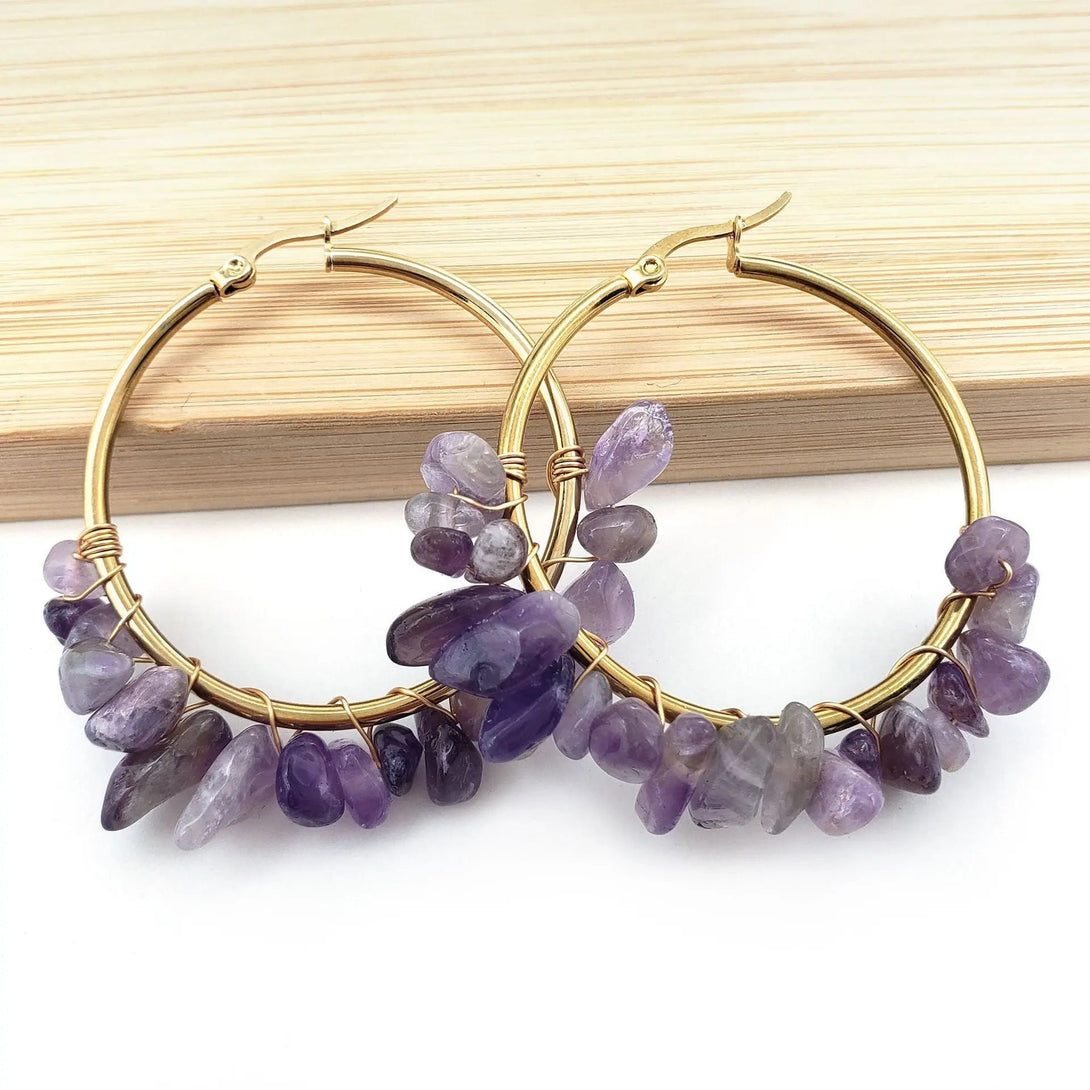 Lovcia Natural Stone Beaded Boho Chic Gold Plated Large Hoop Earrings for Women-Earrings-Amethyst-Amethyst