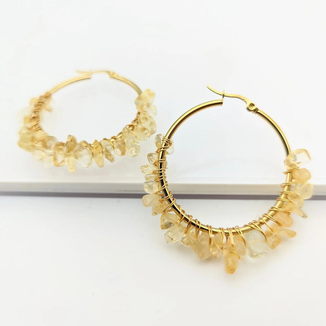 Lovcia Natural Stone Beaded Boho Chic Gold Plated Large Hoop Earrings for Women-Earrings-Citrine-Citrine