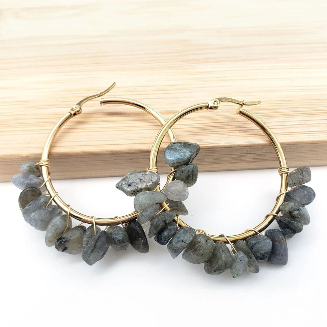 Lovcia Natural Stone Beaded Boho Chic Gold Plated Large Hoop Earrings for Women-Earrings-Labradorite-Labradorite