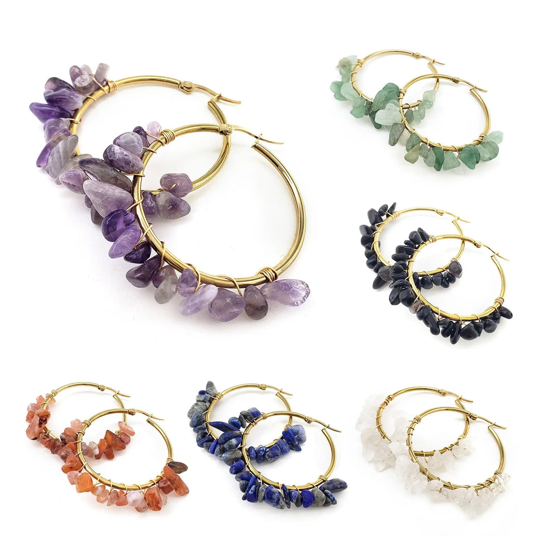 Lovcia Natural Stone Beaded Boho Chic Gold Plated Large Hoop Earrings for Women-Earrings-Lapis-Lapis