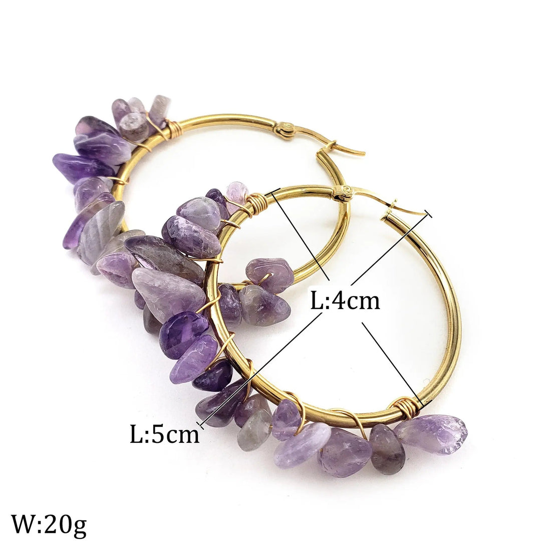 Lovcia Natural Stone Beaded Boho Chic Gold Plated Large Hoop Earrings for Women-Earrings-Lapis-Lapis