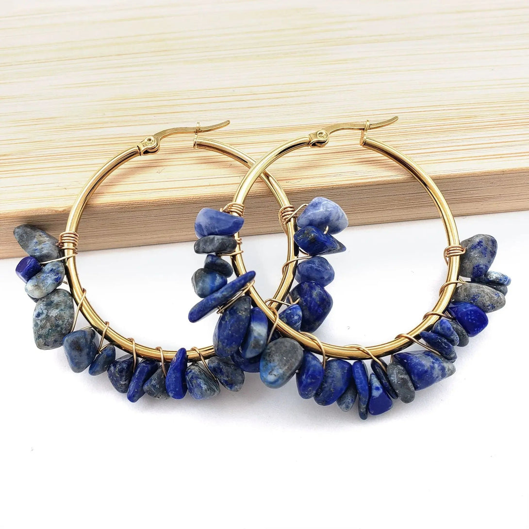 Lovcia Natural Stone Beaded Boho Chic Gold Plated Large Hoop Earrings for Women-Earrings-Lapis-Lapis