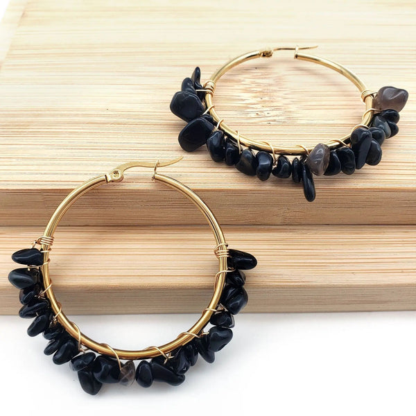 Lovcia Natural Stone Beaded Boho Chic Gold Plated Large Hoop Earrings for Women-Earrings-Obsidian-Obsidian
