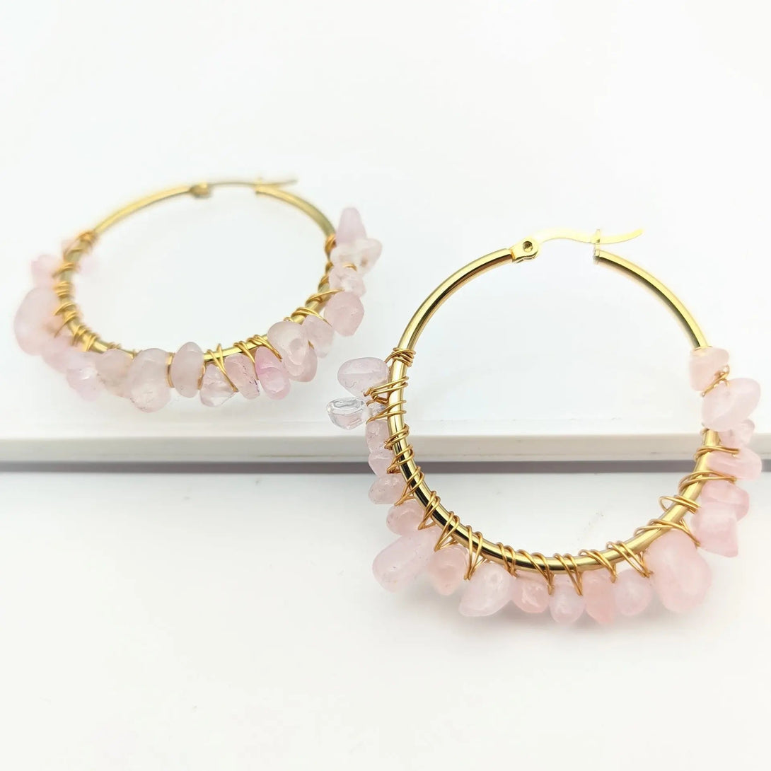 Lovcia Natural Stone Beaded Boho Chic Gold Plated Large Hoop Earrings for Women-Earrings-Pink-Pink
