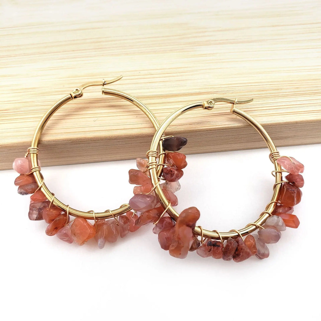 Lovcia Natural Stone Beaded Boho Chic Gold Plated Large Hoop Earrings for Women-Earrings-Red Agate-Red Agate