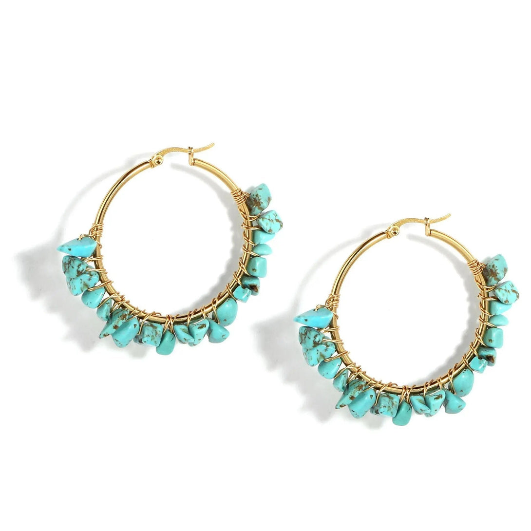 Lovcia Natural Stone Beaded Boho Chic Gold Plated Large Hoop Earrings for Women-Earrings-Turquoise-Turquoise