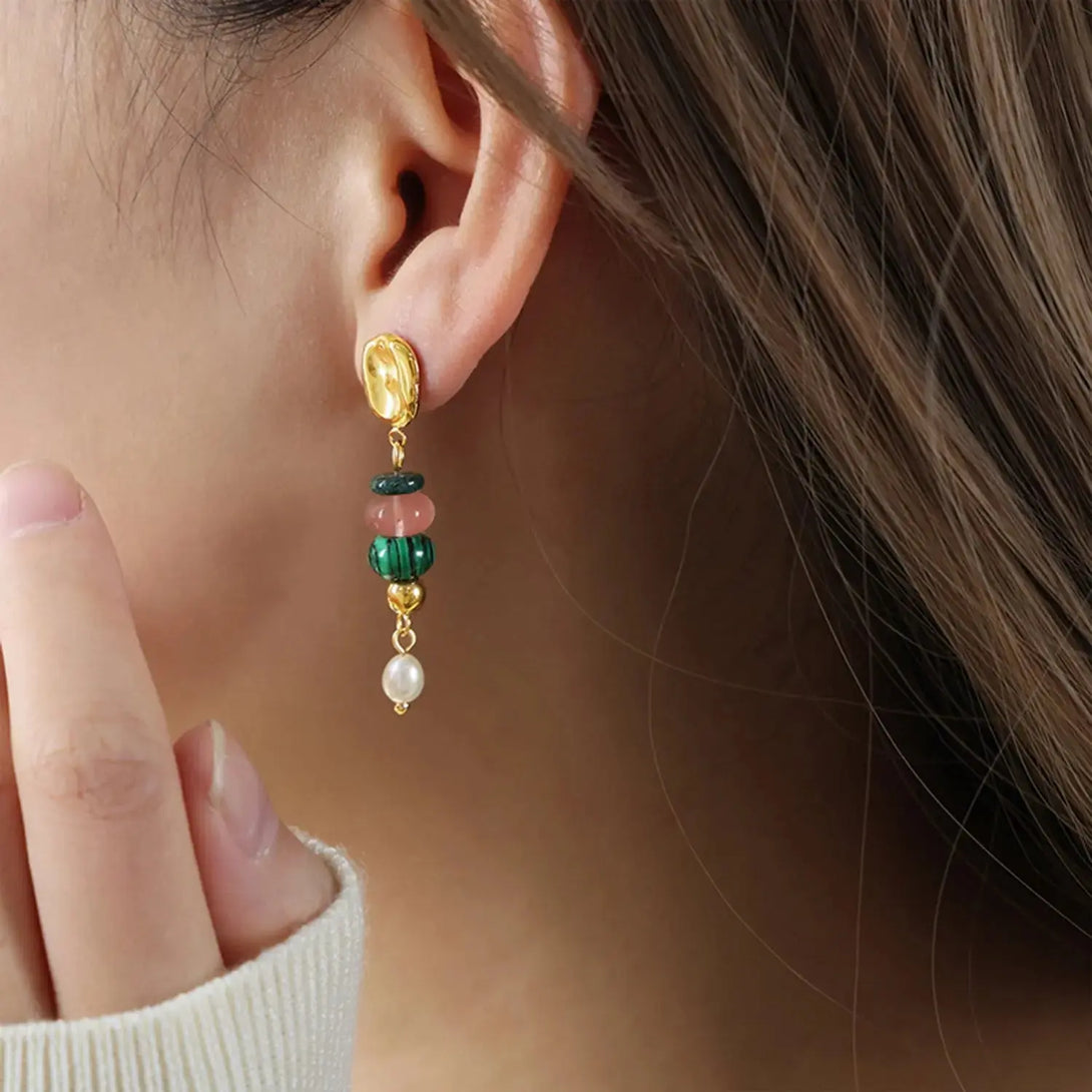 Lovcia Natural Stone Freshwater Pearl Dangle Earrings-Earrings-Mid Green-One Size-Mid Green