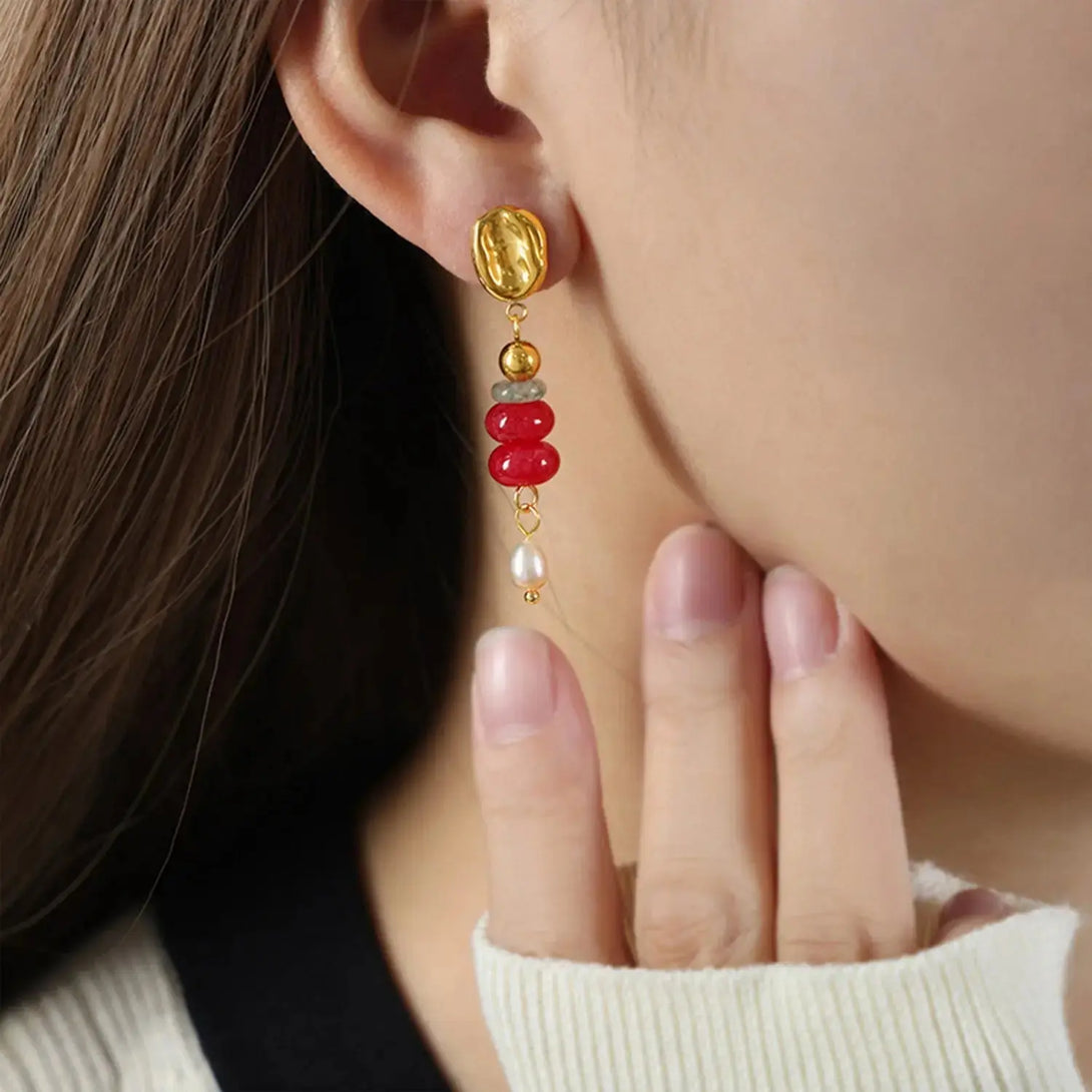 Lovcia Natural Stone Freshwater Pearl Dangle Earrings-Earrings-Red-One Size-Red