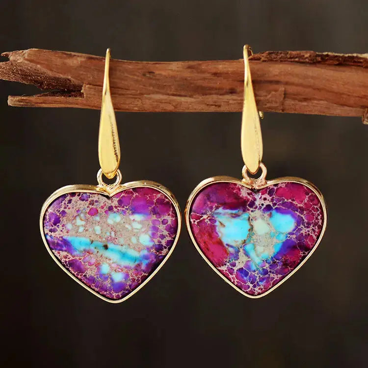 Lovcia Natural Stone Heart Drop Earrings-Earrings-Magenta-One Size-Magenta