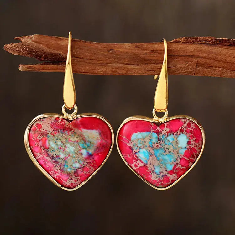 Lovcia Natural Stone Heart Drop Earrings-Earrings-Red-One Size-Red
