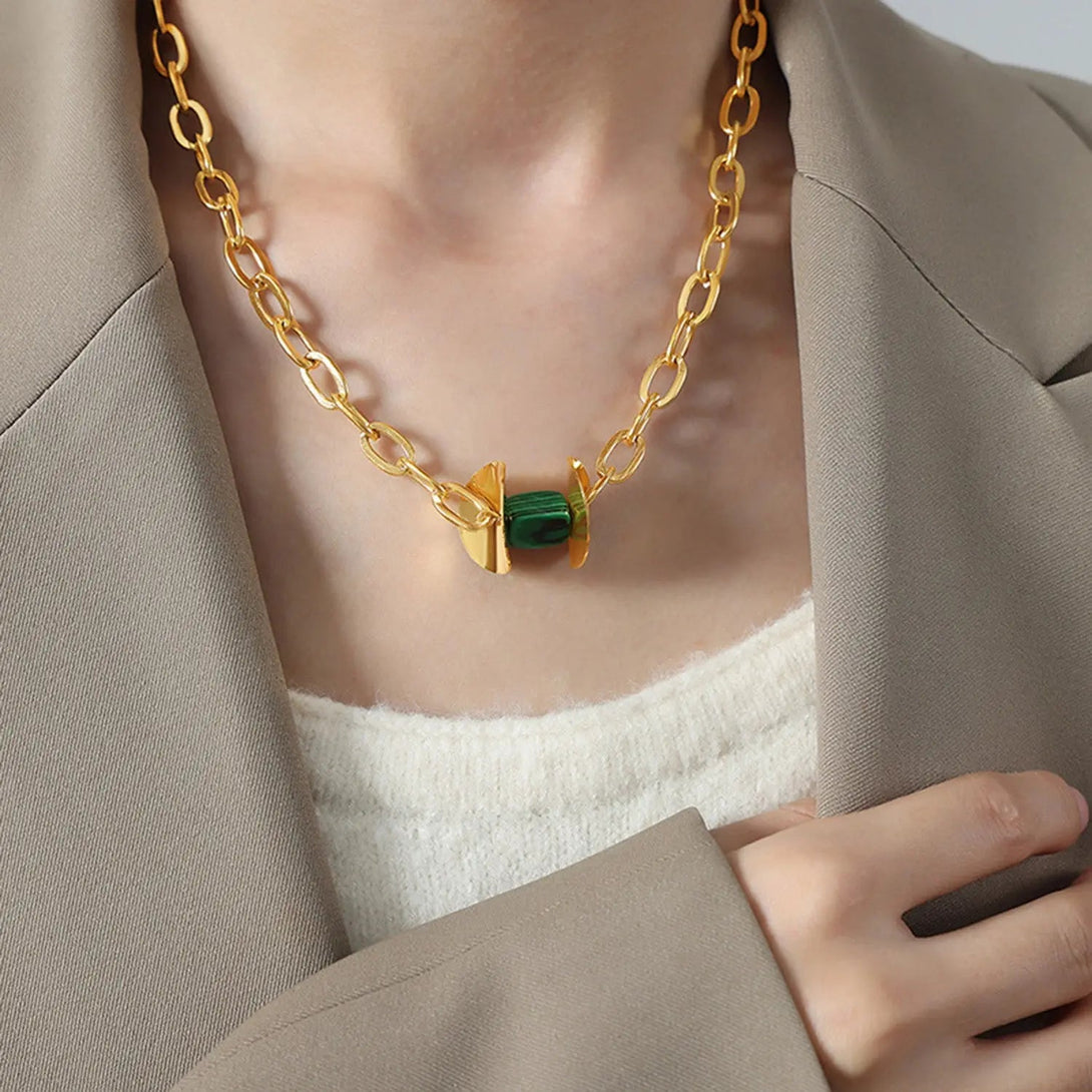 Lovcia Natural Stone Pendant Titanium Steel Necklace-Necklaces-Green-One Size-Green
