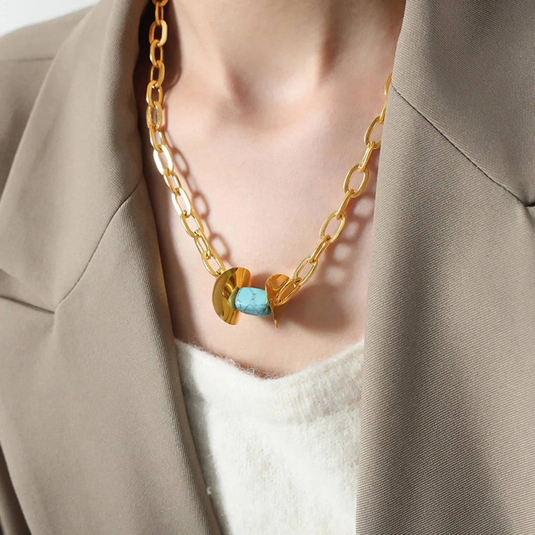 Lovcia Natural Stone Pendant Titanium Steel Necklace-Necklaces-Pastel Blue-One Size-Pastel Blue