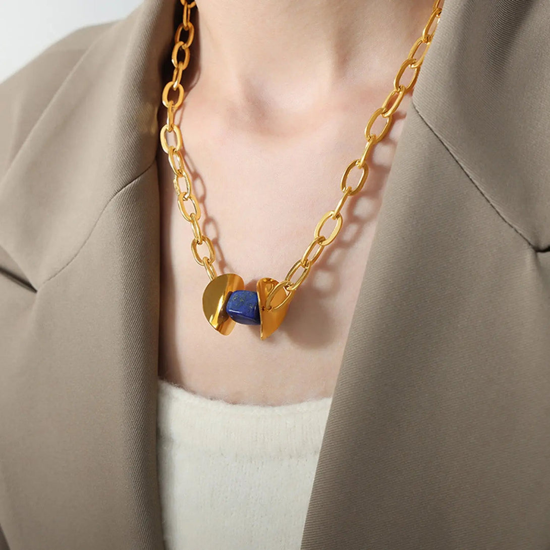 Lovcia Natural Stone Pendant Titanium Steel Necklace-Necklaces-Peacock Blue-One Size-Peacock Blue