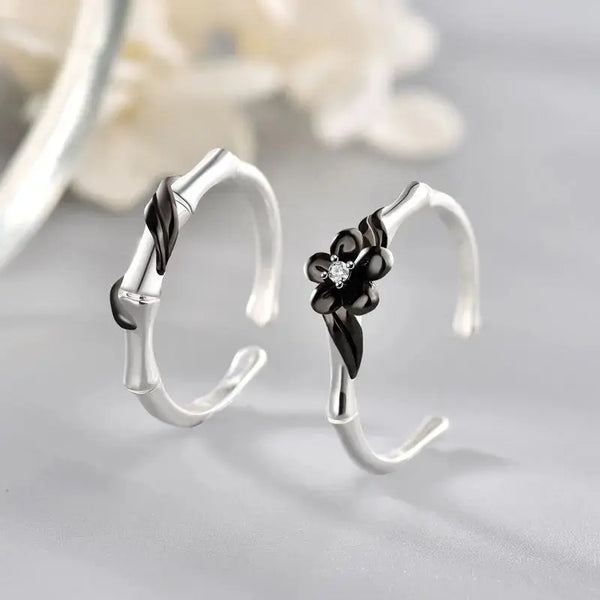 Lovcia New Black Bamboo CZ Flower 925 Sterling Silver Adjustable Promise Ring-Rings-Men Ring-Men Ring