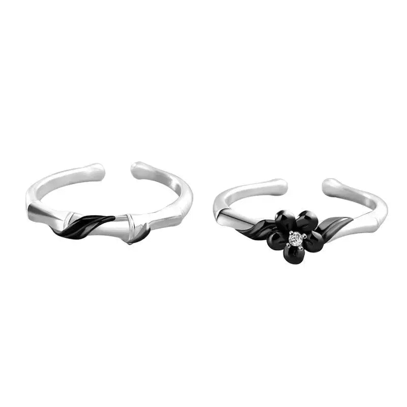 Lovcia New Black Bamboo CZ Flower 925 Sterling Silver Adjustable Promise Ring-Rings-Men Ring-Men Ring