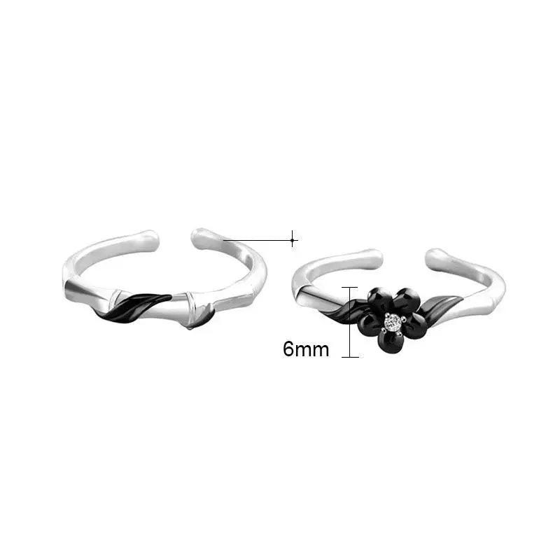 Lovcia New Black Bamboo CZ Flower 925 Sterling Silver Adjustable Promise Ring-Rings-Men Ring-Men Ring