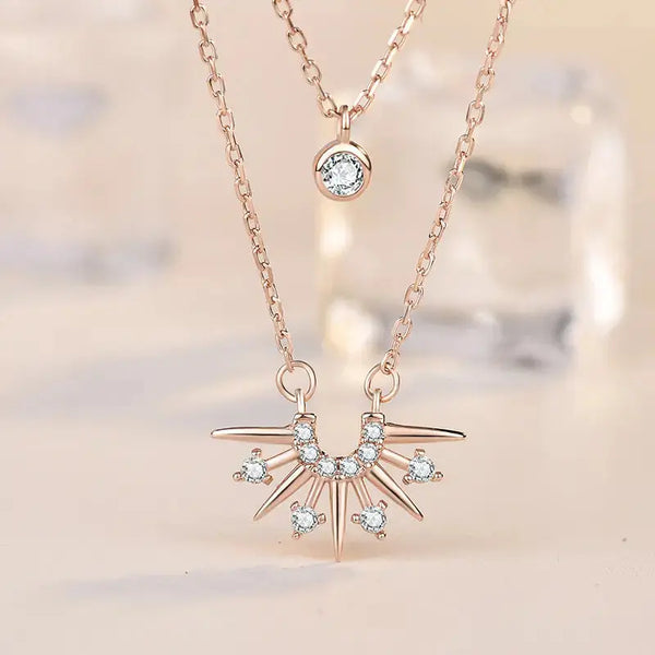 LOVCIA New CZ Sunrise Sunshine Double Layer 925 Sterling Silver Necklace