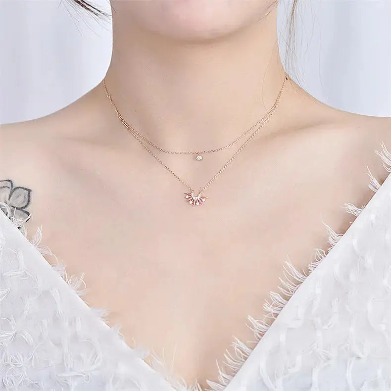 Lovcia New CZ Sunrise Sunshine Double Layer 925 Sterling Silver Necklace-Necklaces-Rose Gold-Rose Gold