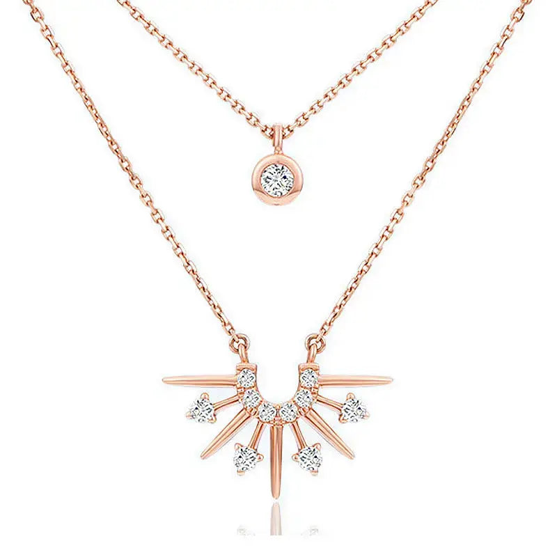Lovcia New CZ Sunrise Sunshine Double Layer 925 Sterling Silver Necklace-Necklaces-Rose Gold-Rose Gold