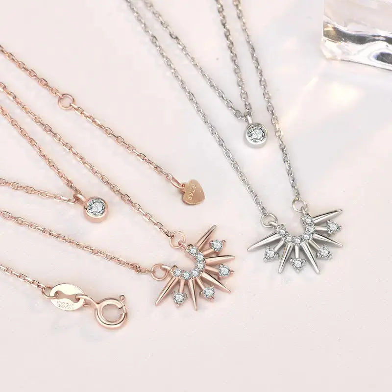 Lovcia New CZ Sunrise Sunshine Double Layer 925 Sterling Silver Necklace-Necklaces-Rose Gold-Rose Gold