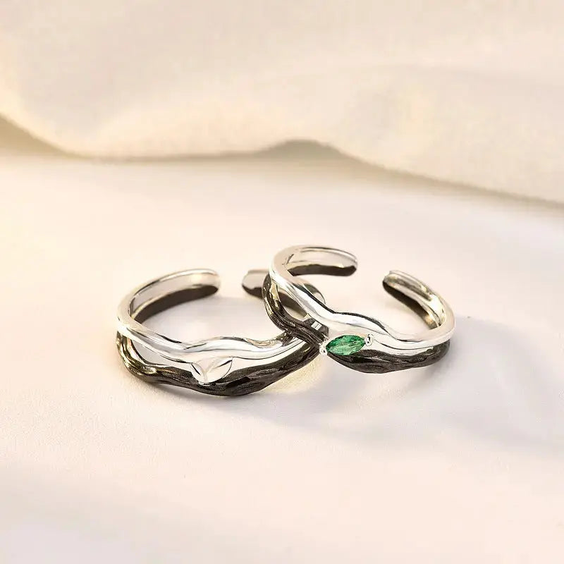 Lovcia New Dead Wood Green CZ Leaf 925 Sterling Silver Adjustable Promise Ring-Rings-Men Ring-Men Ring