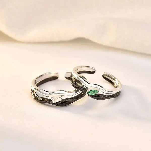 Lovcia New Dead Wood Green CZ Leaf 925 Sterling Silver Adjustable Promise Ring-Rings-Men Ring-Men Ring