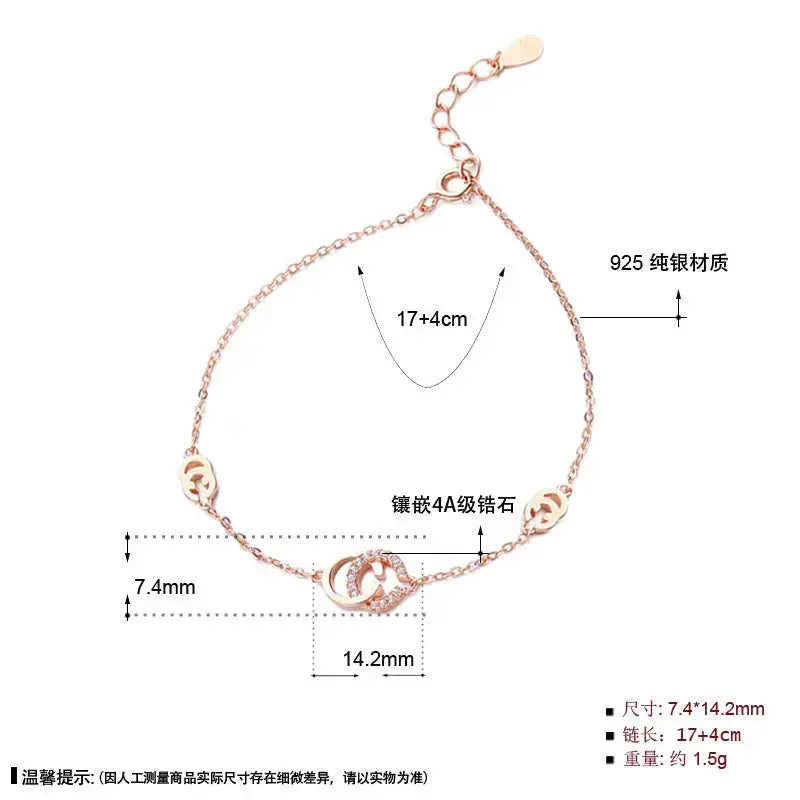 Lovcia New Double C Letters CZ 925 Sterling Silver Bracelet-Bracelets-Rose Gold-Rose Gold