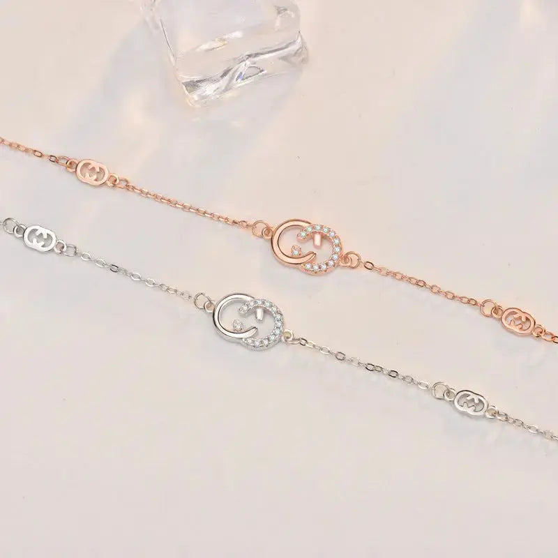 Lovcia New Double C Letters CZ 925 Sterling Silver Bracelet-Bracelets-Rose Gold-Rose Gold