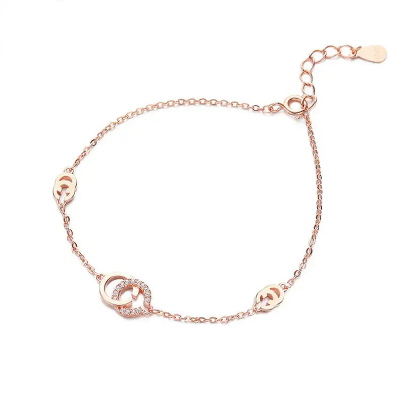 Lovcia New Double C Letters CZ 925 Sterling Silver Bracelet-Bracelets-Rose Gold-Rose Gold