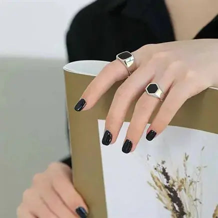 Lovcia New Geometry Black Square 925 Sterling Silver Adjustable Ring-Rings-