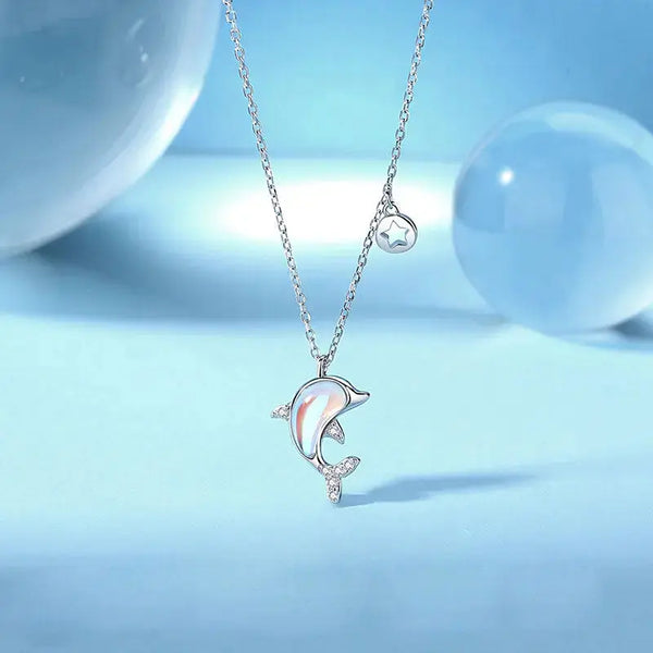 Lovcia New Natural Moonstone Dolphin Animal CZ 925 Sterling Silver Necklace-Charms & Pendants-Rhodium-Rhodium