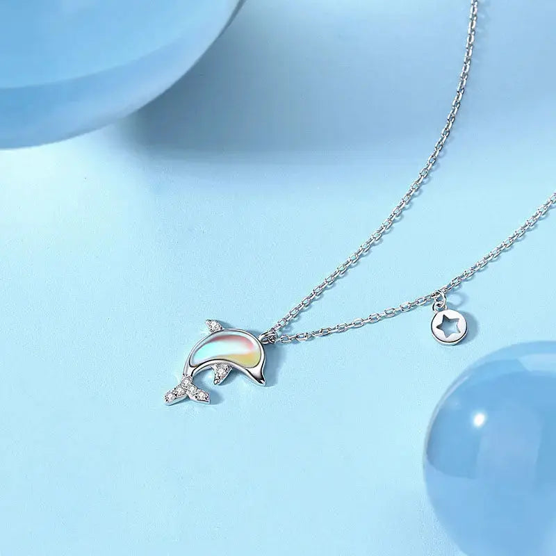 Lovcia New Natural Moonstone Dolphin Animal CZ 925 Sterling Silver Necklace-Charms & Pendants-Rhodium-Rhodium