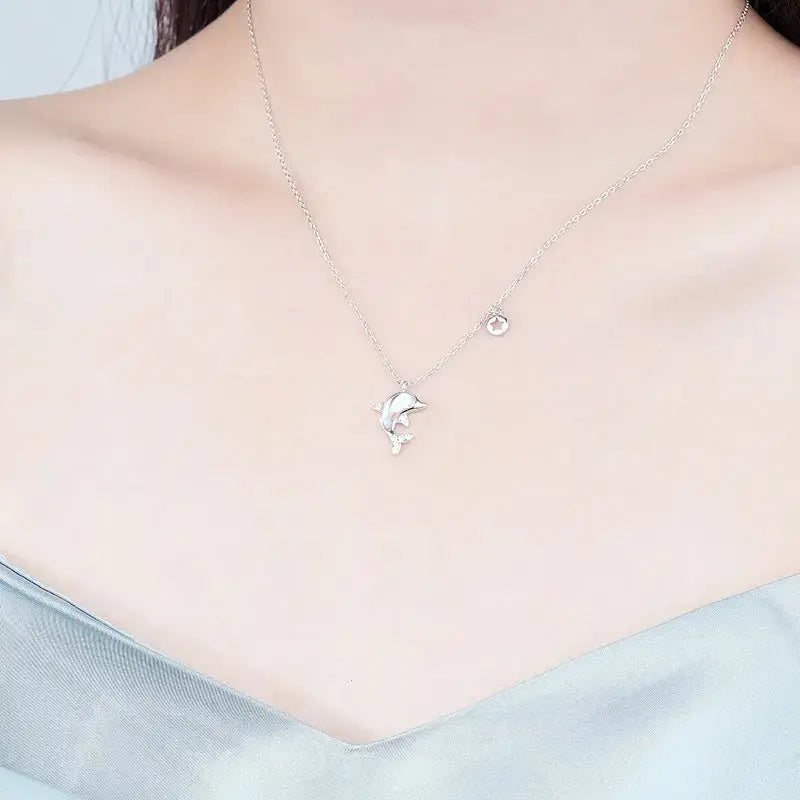 Lovcia New Natural Moonstone Dolphin Animal CZ 925 Sterling Silver Necklace-Charms & Pendants-Rhodium-Rhodium