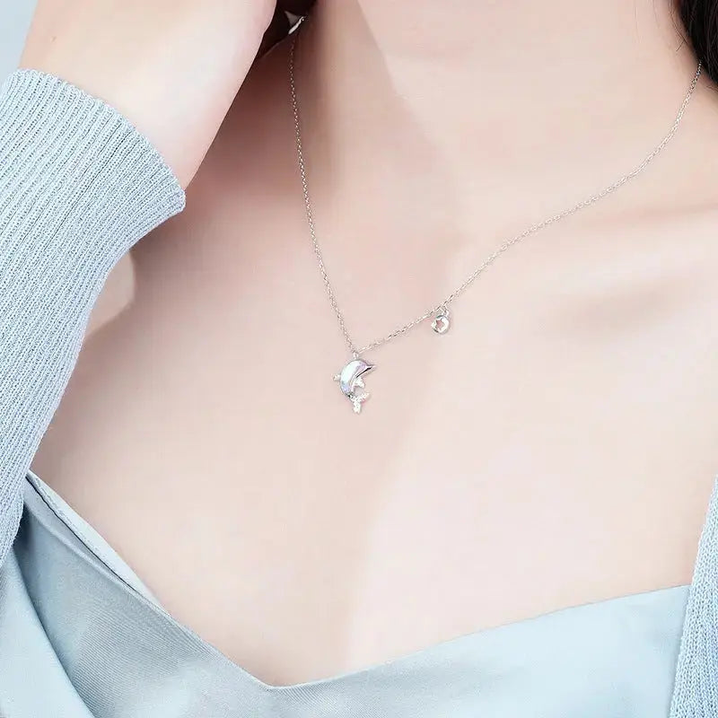Lovcia New Natural Moonstone Dolphin Animal CZ 925 Sterling Silver Necklace-Charms & Pendants-Rhodium-Rhodium