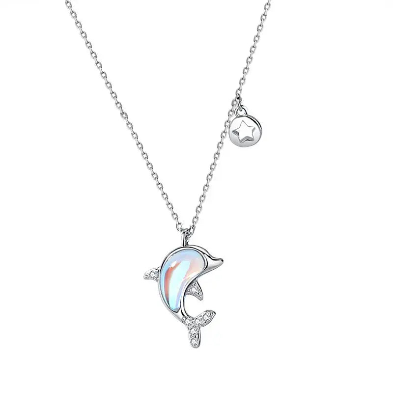 Lovcia New Natural Moonstone Dolphin Animal CZ 925 Sterling Silver Necklace-Charms & Pendants-Rhodium-Rhodium