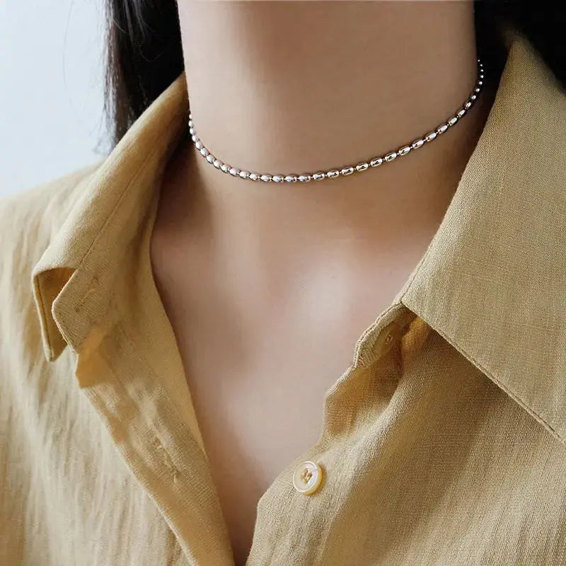 Lovcia New Oval Beads 925 Sterling Silver Choker Necklace-Necklaces-Silver-Silver