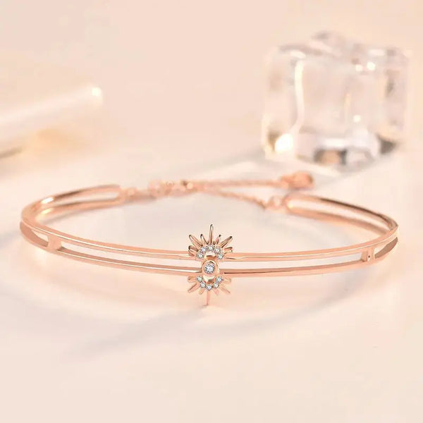 Lovcia New Rose Gold CZ Sunflower 925 Sterling Silver Open Bangle-Bracelets-Silver-Silver