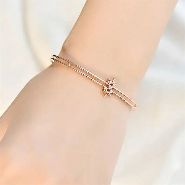 Lovcia New Rose Gold CZ Sunflower 925 Sterling Silver Open Bangle-Bracelets-Silver-Silver