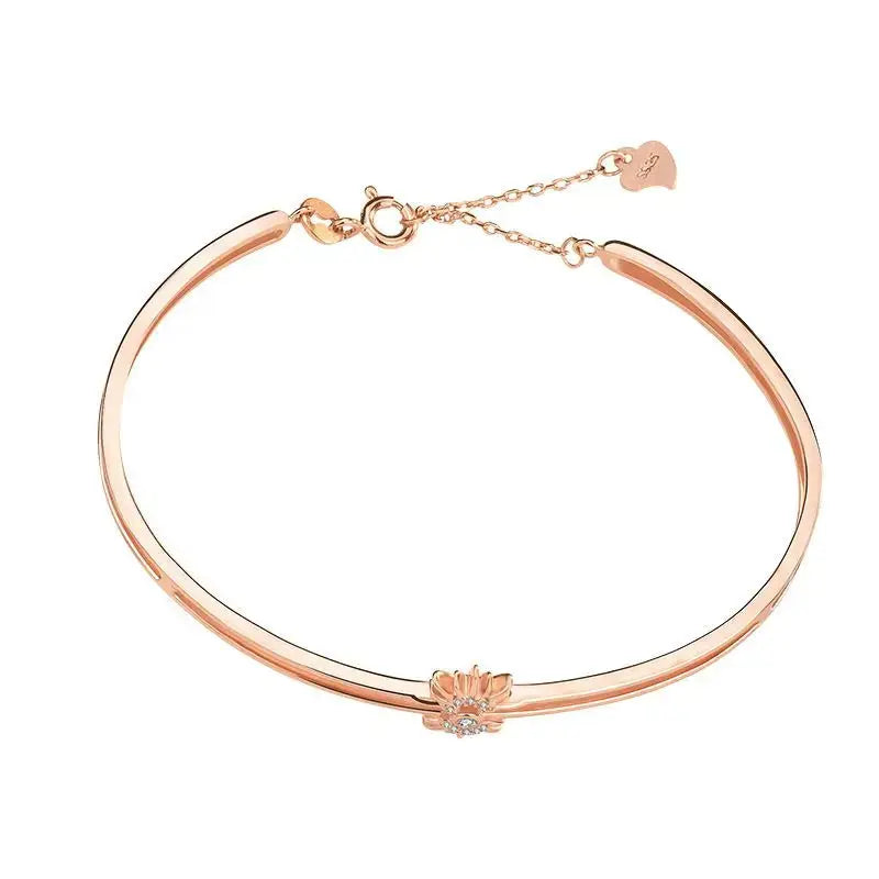 Lovcia New Rose Gold CZ Sunflower 925 Sterling Silver Open Bangle-Bracelets-Silver-Silver