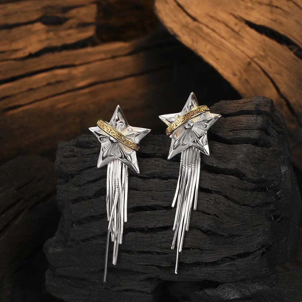 Lovcia Niche Five-Pointed Planet Design 925 Sterling Silver Tassel Earrings for Women-Earrings-White Gold Color-S925 Silver-White Gold Color