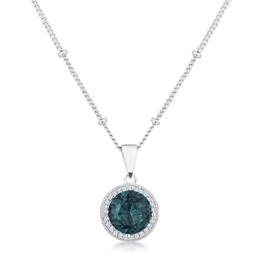 Lovcia Ocean Blue Green CZ Halo Pendant Necklace with Rhodium Plated Chain-Pendants-