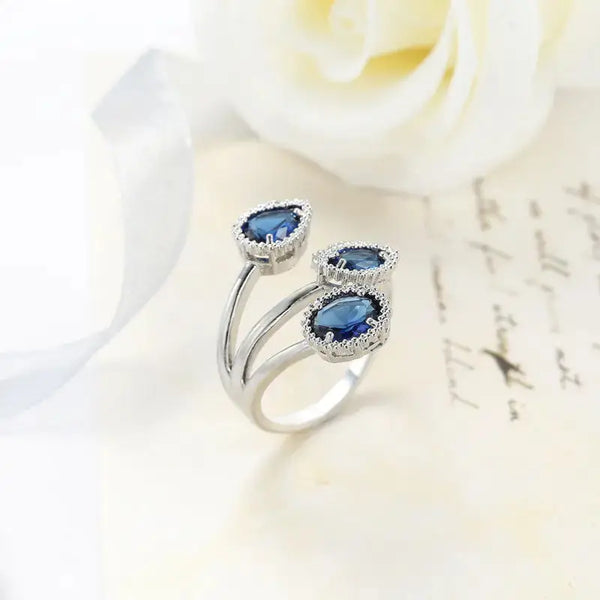 Lovcia Oceanic Elegance Ring With Water Drop Blue Zircon Crystal-Rings-Black-Adjustable-Black
