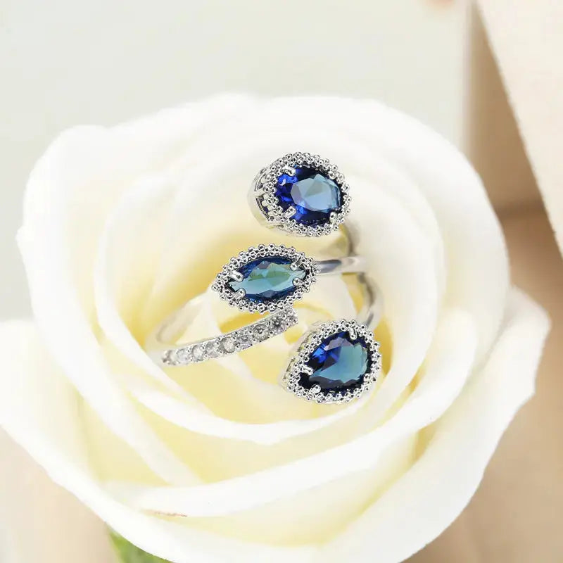 Lovcia Oceanic Elegance Ring With Water Drop Blue Zircon Crystal-Rings-Black-Adjustable-Black