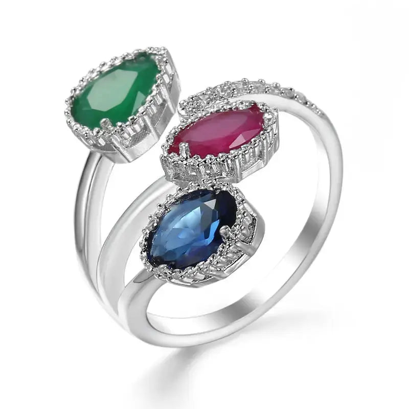 Lovcia Oceanic Elegance Ring With Water Drop Blue Zircon Crystal-Rings-Red Green Blue-Adjustable-Red Green Blue