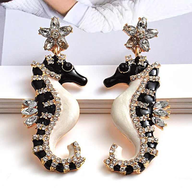 Lovcia Oceanic Theme Rhinestone Seahorse Earrings-Earrings-Black-Black